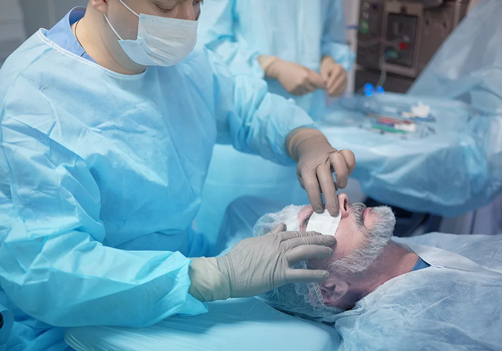 Surgeon attending to patient's eye (possibly pre or post cataract procedure).
