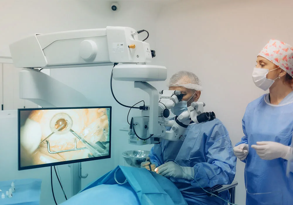 A young woman sitting in a doctor's office, gently touching her eye while facing an ophthalmologist wearing a head-mounted examining device.